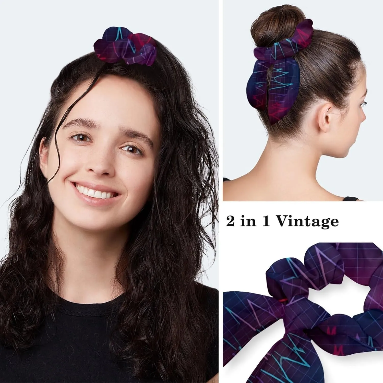 Womens Working Cap Scrub Hats with Bow Scrunchies, Heart Beat Pattern Bouffant Surgical Cap Ponytail Holder