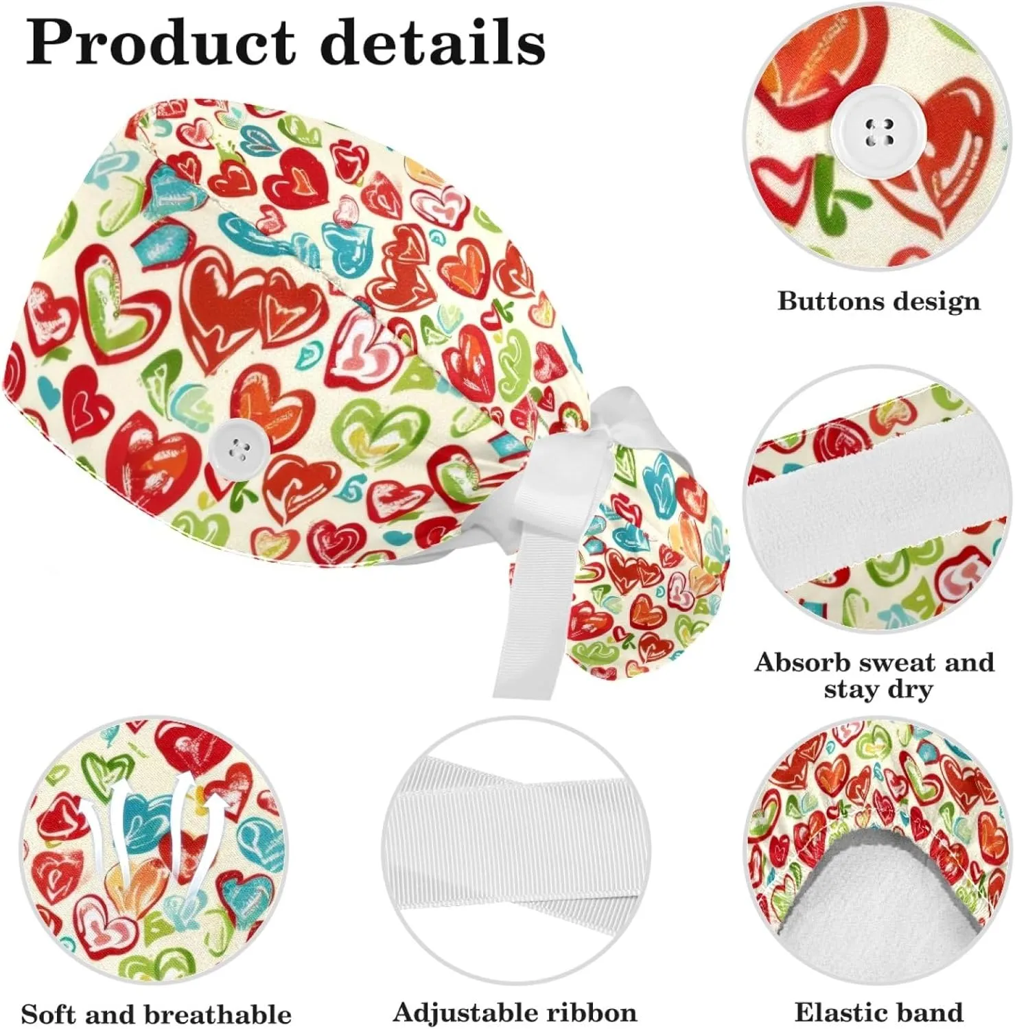 Womens Working Cap Scrub Hats with Bow Scrunchies, Heart Beat Pattern Bouffant Surgical Cap Ponytail Holder