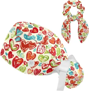 Womens Working Cap Scrub Hats with Bow Scrunchies, Heart Beat Pattern Bouffant Surgical Cap Ponytail Holder