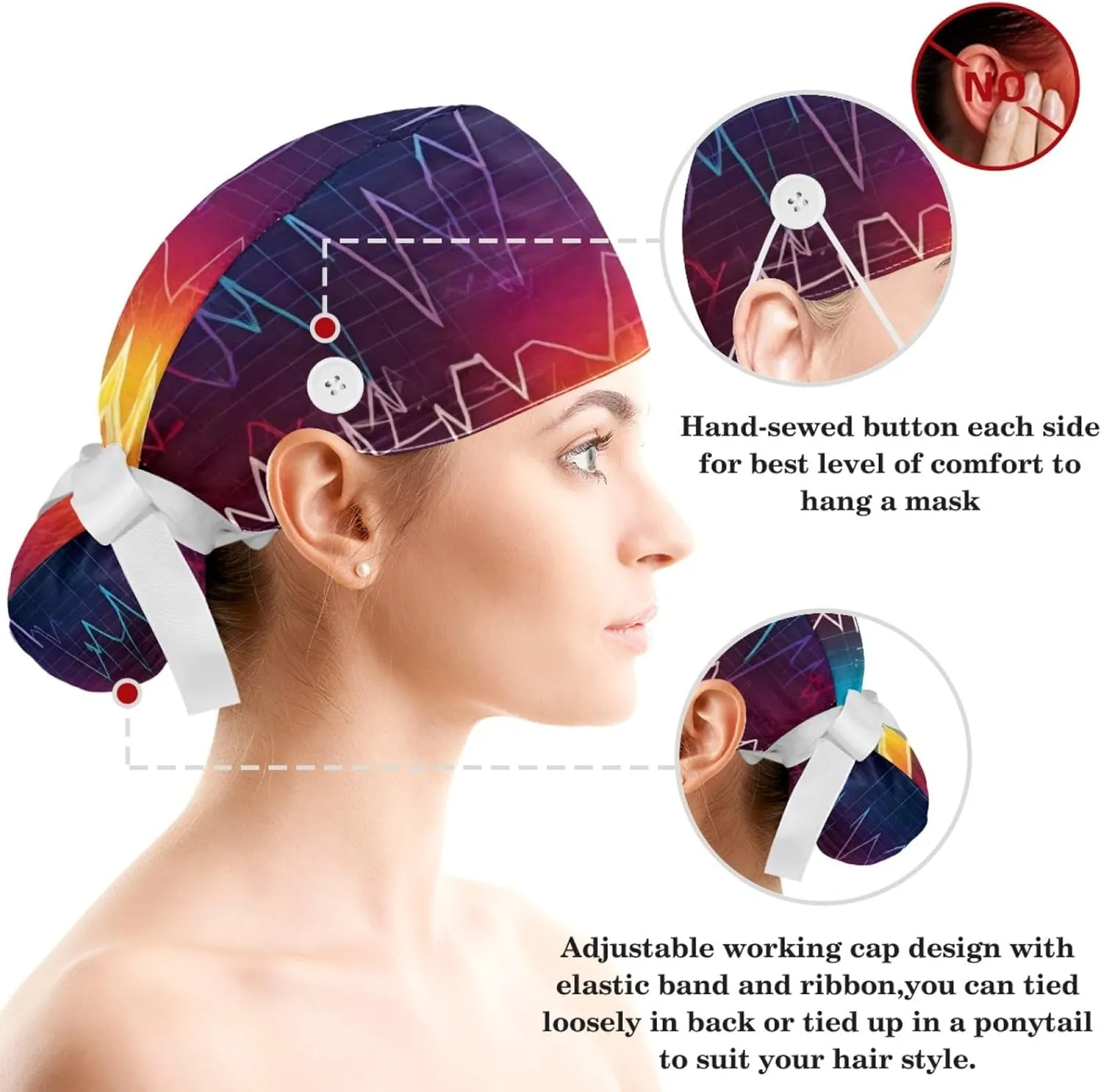 Womens Working Cap Scrub Hats with Bow Scrunchies, Heart Beat Pattern Bouffant Surgical Cap Ponytail Holder
