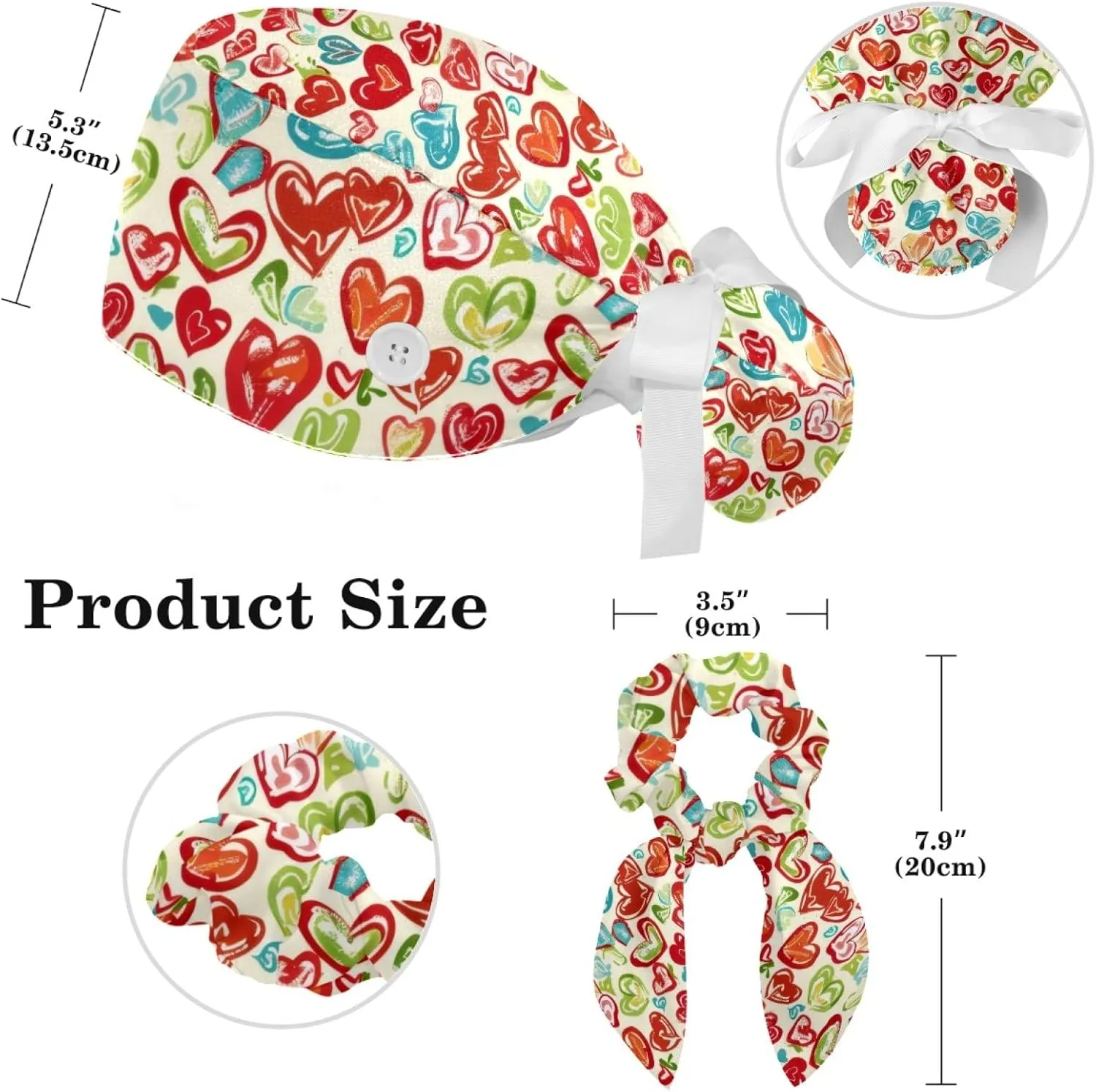 Womens Working Cap Scrub Hats with Bow Scrunchies, Heart Beat Pattern Bouffant Surgical Cap Ponytail Holder