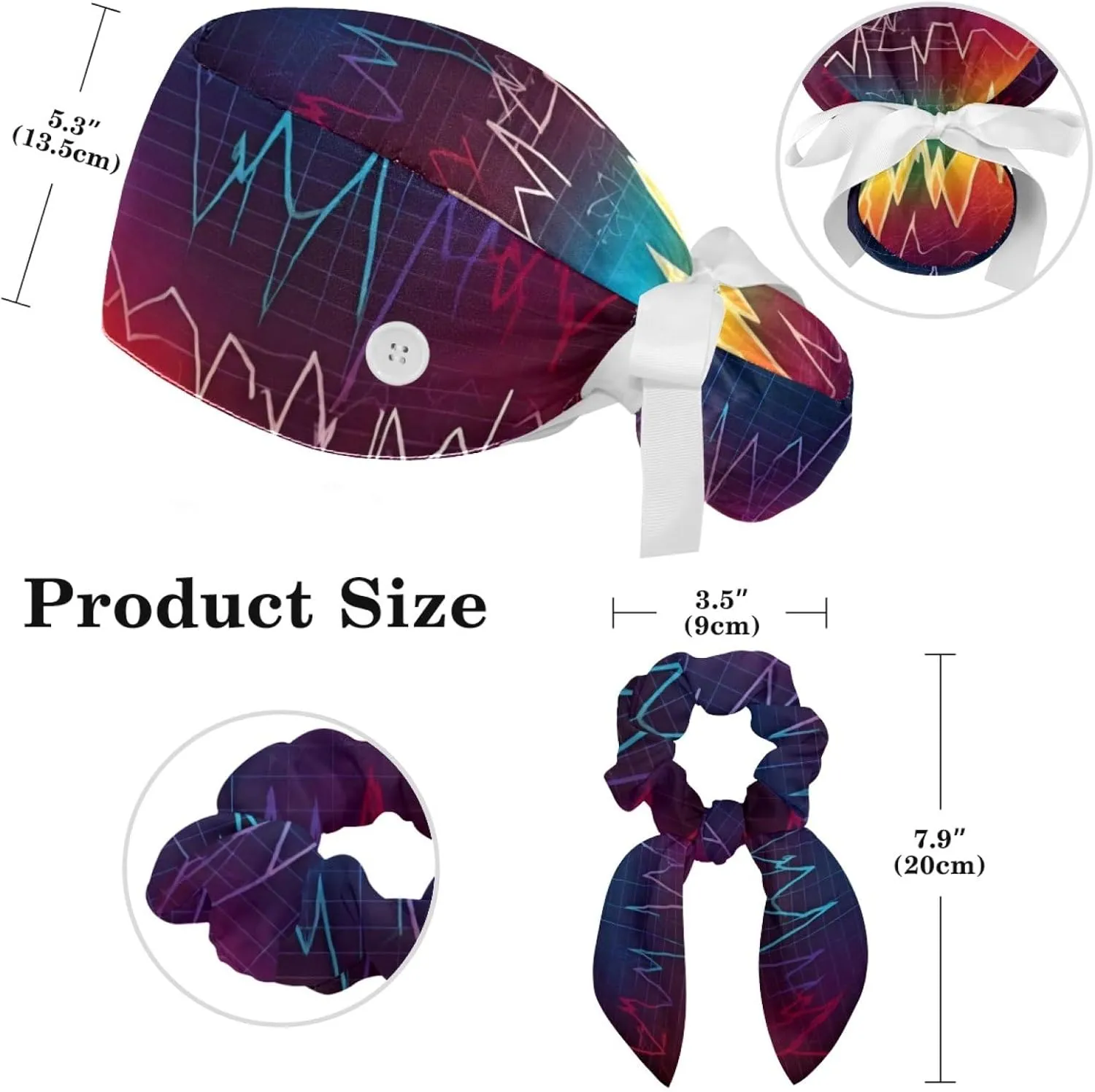 Womens Working Cap Scrub Hats with Bow Scrunchies, Heart Beat Pattern Bouffant Surgical Cap Ponytail Holder