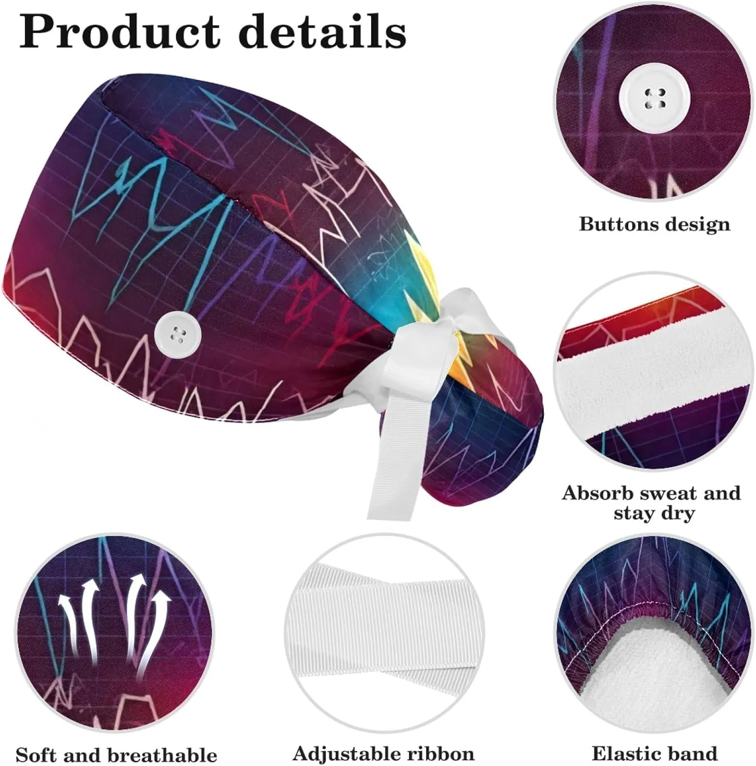 Womens Working Cap Scrub Hats with Bow Scrunchies, Heart Beat Pattern Bouffant Surgical Cap Ponytail Holder