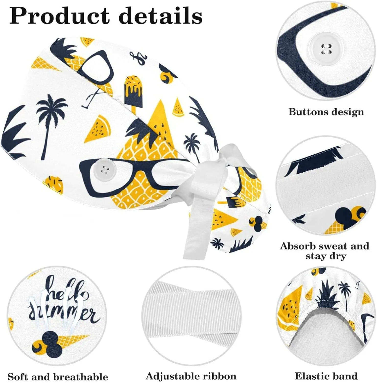 Women's Working Caps Bouffant Surgical Cap with Bow Scrunchies Little Daisy Art Paint Ponytail Holder Tie Back Scrub Hat