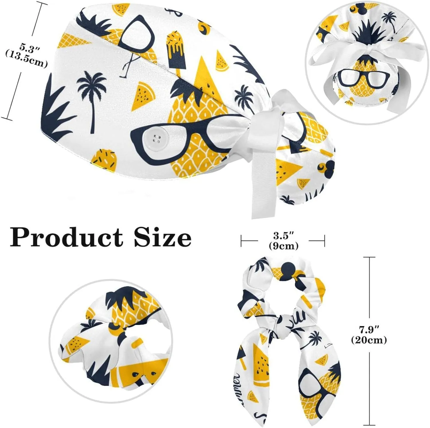 Women's Working Caps Bouffant Surgical Cap with Bow Scrunchies Little Daisy Art Paint Ponytail Holder Tie Back Scrub Hat