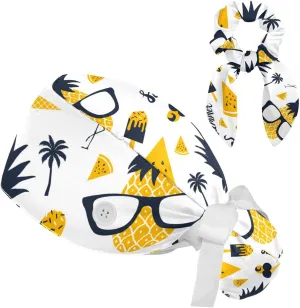 Women's Working Caps Bouffant Surgical Cap with Bow Scrunchies Little Daisy Art Paint Ponytail Holder Tie Back Scrub Hat