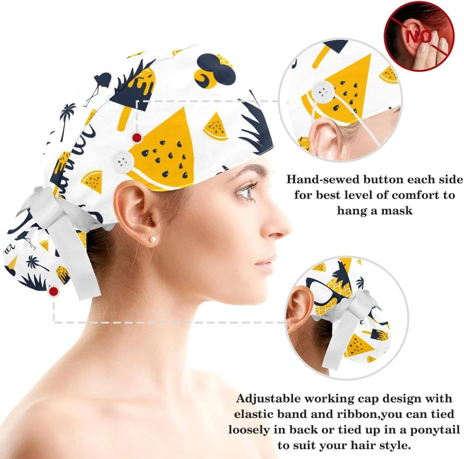 Women's Working Caps Bouffant Surgical Cap with Bow Scrunchies Little Daisy Art Paint Ponytail Holder Tie Back Scrub Hat
