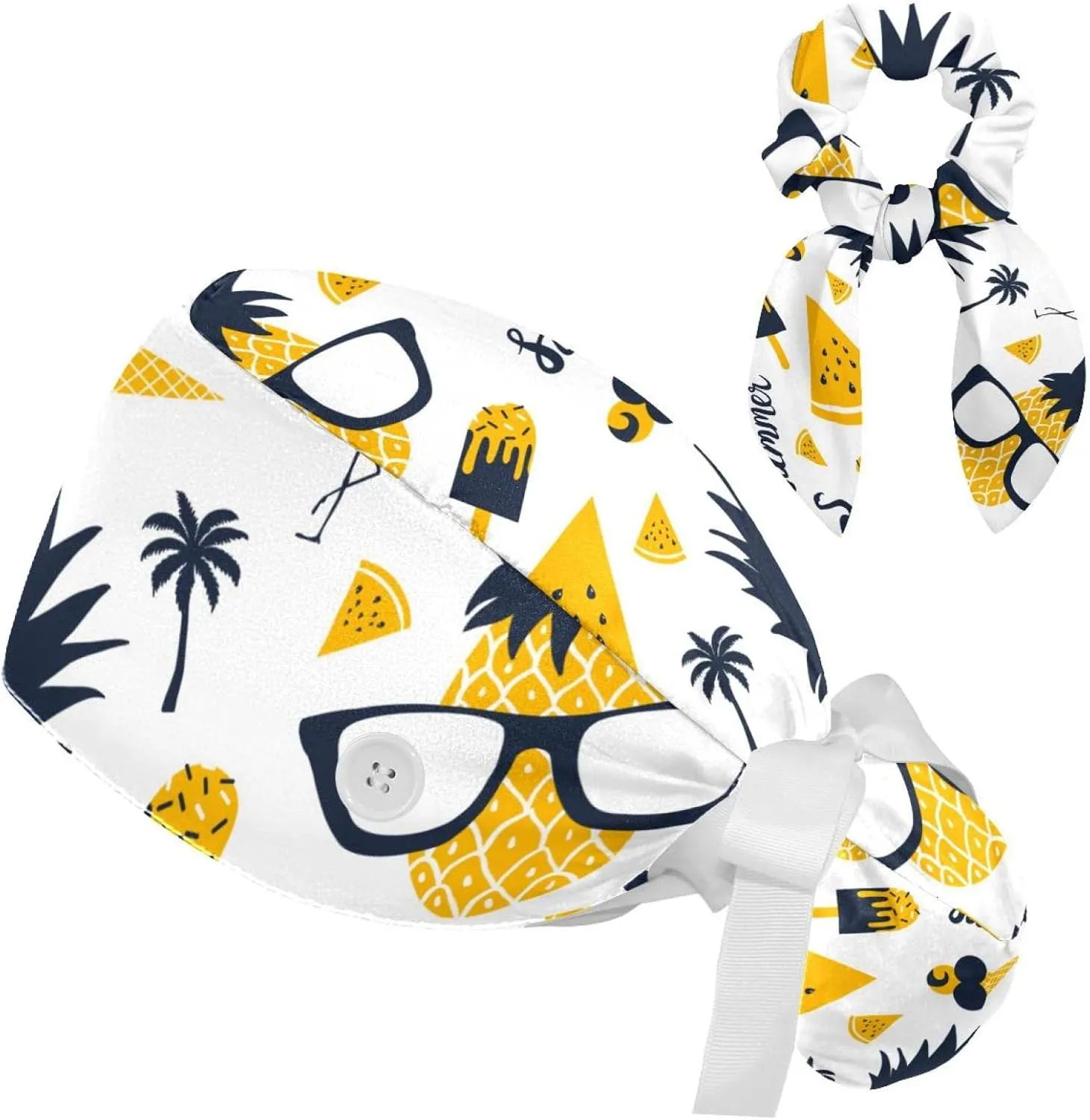 Women's Working Caps Bouffant Surgical Cap with Bow Scrunchies Little Daisy Art Paint Ponytail Holder Tie Back Scrub Hat