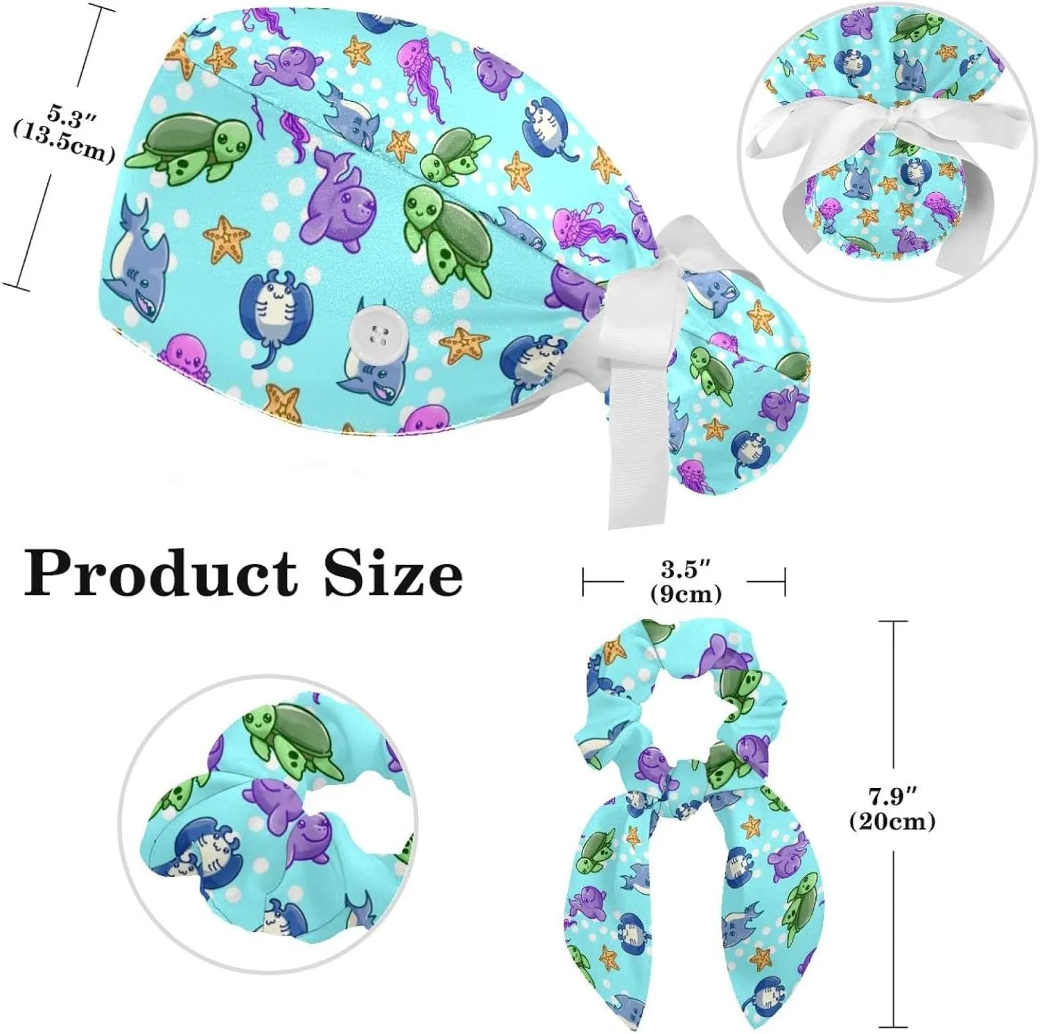 Women's Working Caps Bouffant Surgical Cap with Bow Scrunchies Pink Strawberry Pattern Ponytail Holder Tie Back Scrub Hat