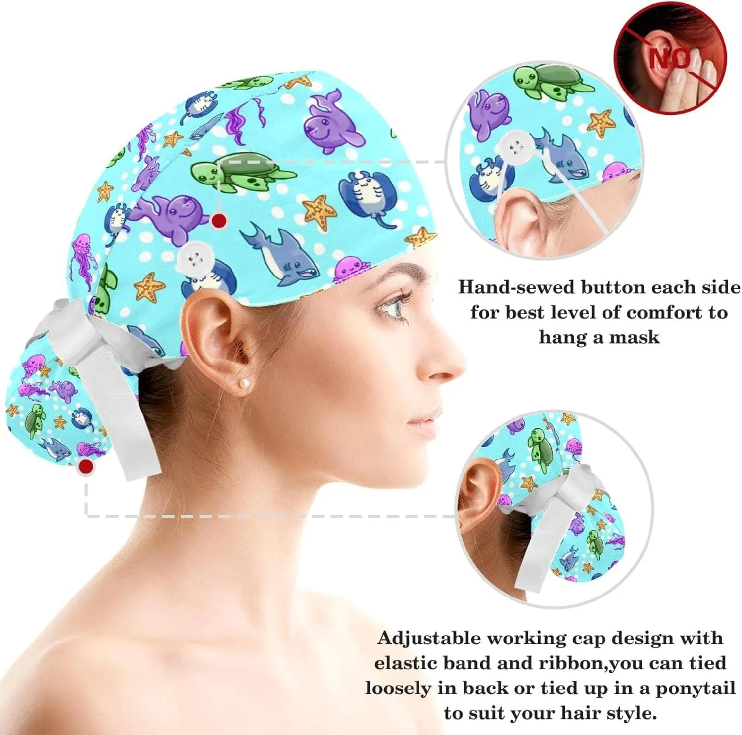 Women's Working Caps Bouffant Surgical Cap with Bow Scrunchies Pink Strawberry Pattern Ponytail Holder Tie Back Scrub Hat