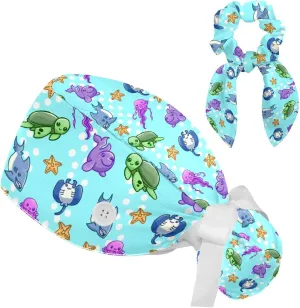 Women's Working Caps Bouffant Surgical Cap with Bow Scrunchies Pink Strawberry Pattern Ponytail Holder Tie Back Scrub Hat