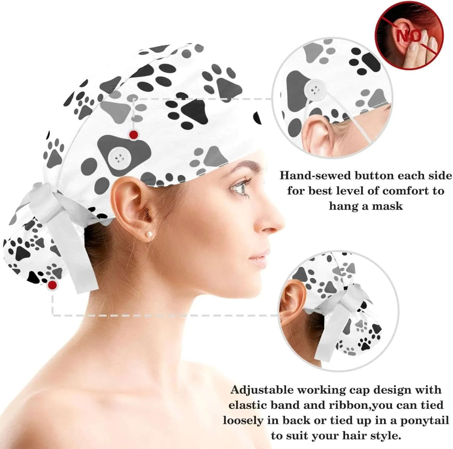 Women's Working Caps with Bow Scrunchies Cute Dog Paws Pattern Lace-Up Hat Unisex Hair Covers One Size