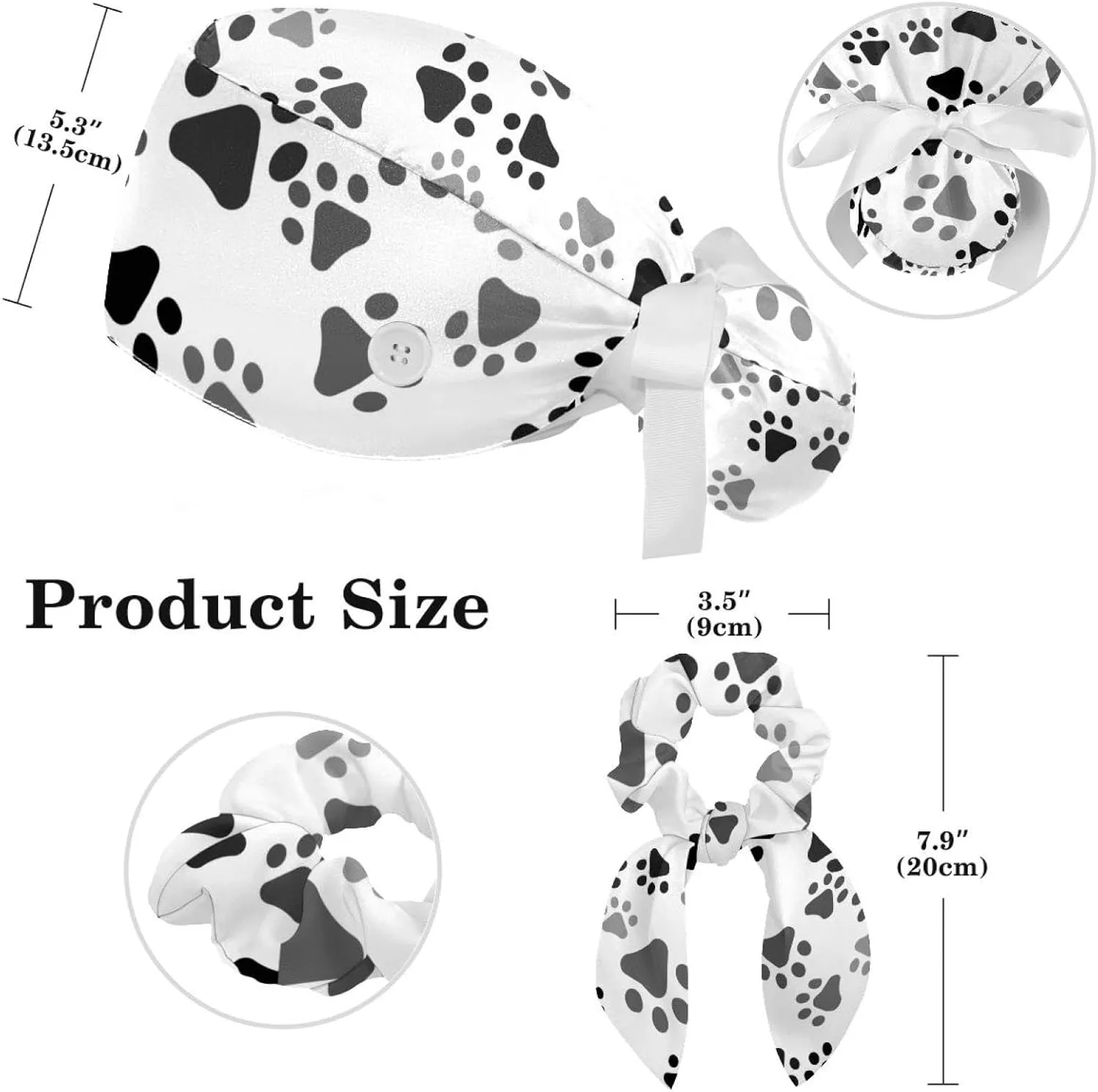 Women's Working Caps with Bow Scrunchies Cute Dog Paws Pattern Lace-Up Hat Unisex Hair Covers One Size