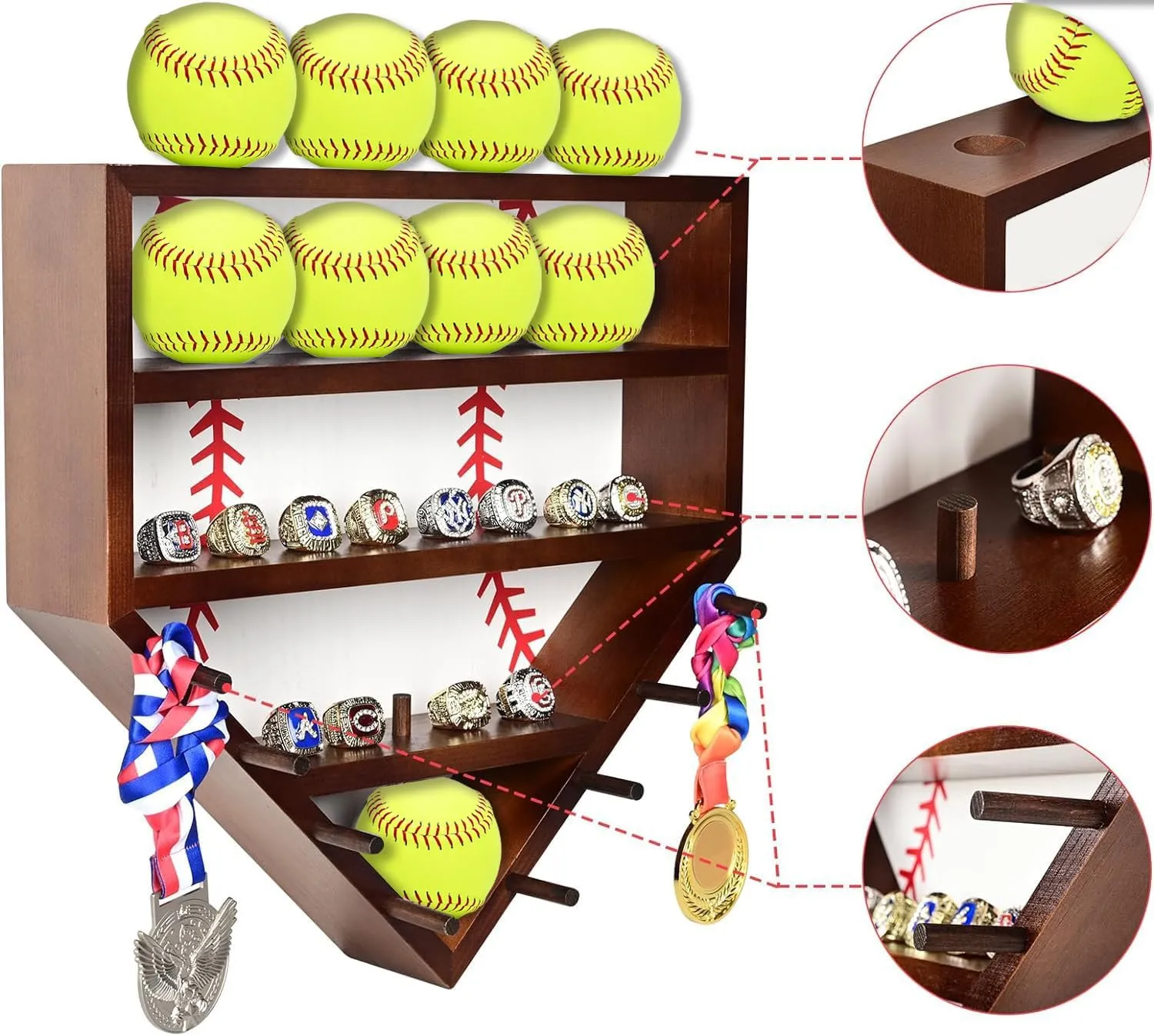 Wooden Softball Display Case - 17" Wall Mount Softball Ring Holder, Home Plate Softball Case Display for 12 Inch Balls, Rings, Medals, Trophies - One Case for All Memorabilia