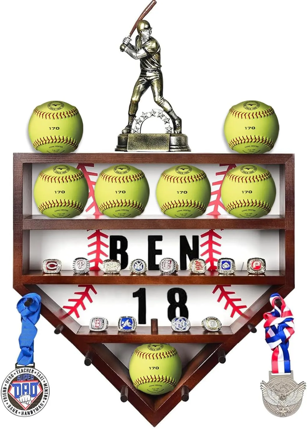 Wooden Softball Display Case - 17" Wall Mount Softball Ring Holder, Home Plate Softball Case Display for 12 Inch Balls, Rings, Medals, Trophies - One Case for All Memorabilia