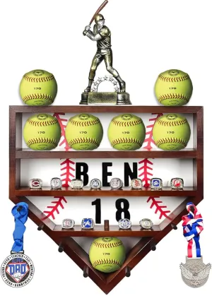 Wooden Softball Display Case - 17" Wall Mount Softball Ring Holder, Home Plate Softball Case Display for 12 Inch Balls, Rings, Medals, Trophies - One Case for All Memorabilia