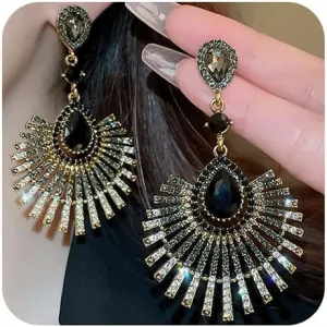 Xerling Bohemian Vintage Rhinestone Black Teardrop Crystal Tassel Earrings Boho Retro Earrings for Women