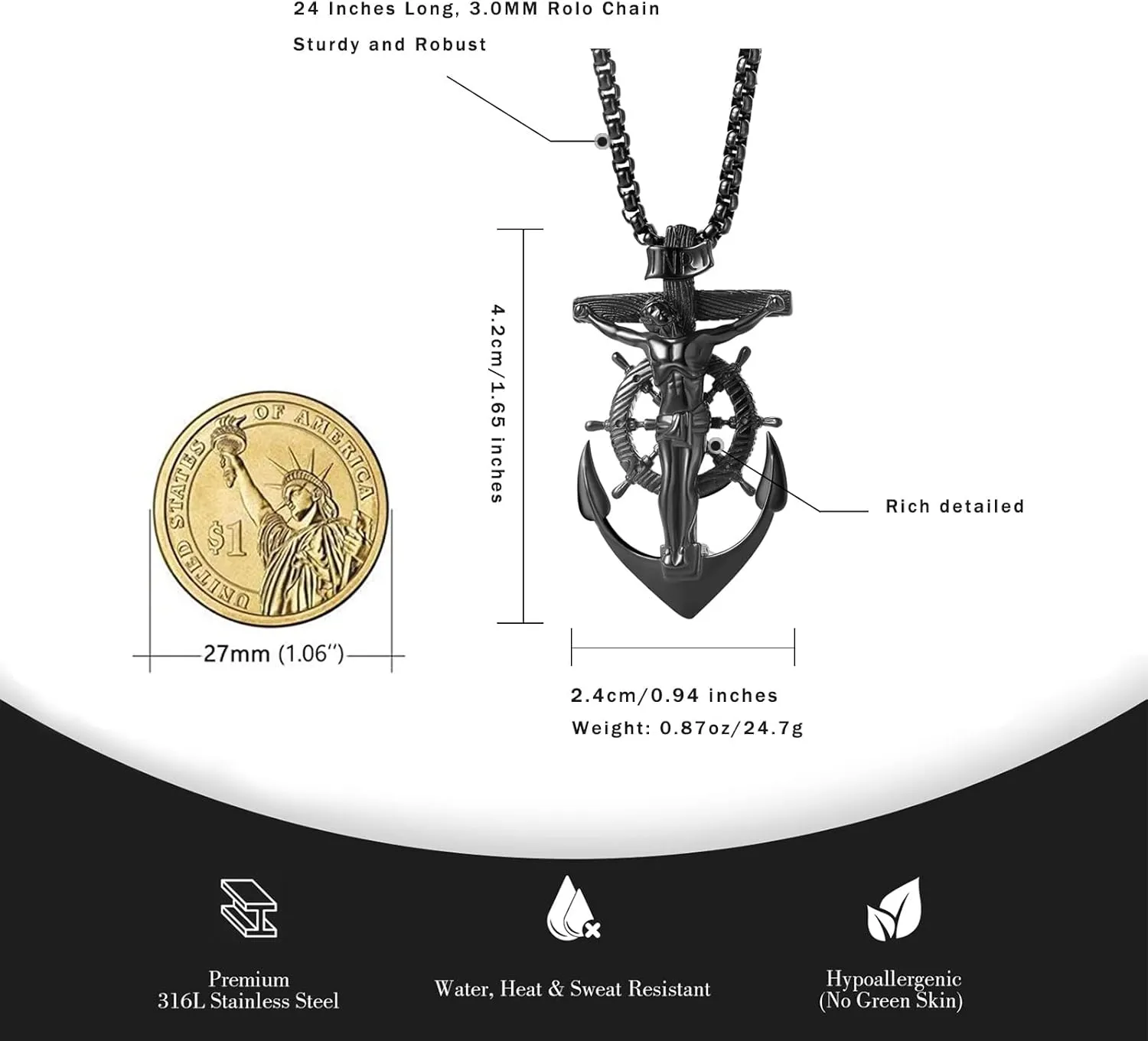 YAMI Mens Necklace, Anchor Pendant for Men Boys, 18K Gold Plated 316L Stainless Steel Jewelry Gifts for Father's Day